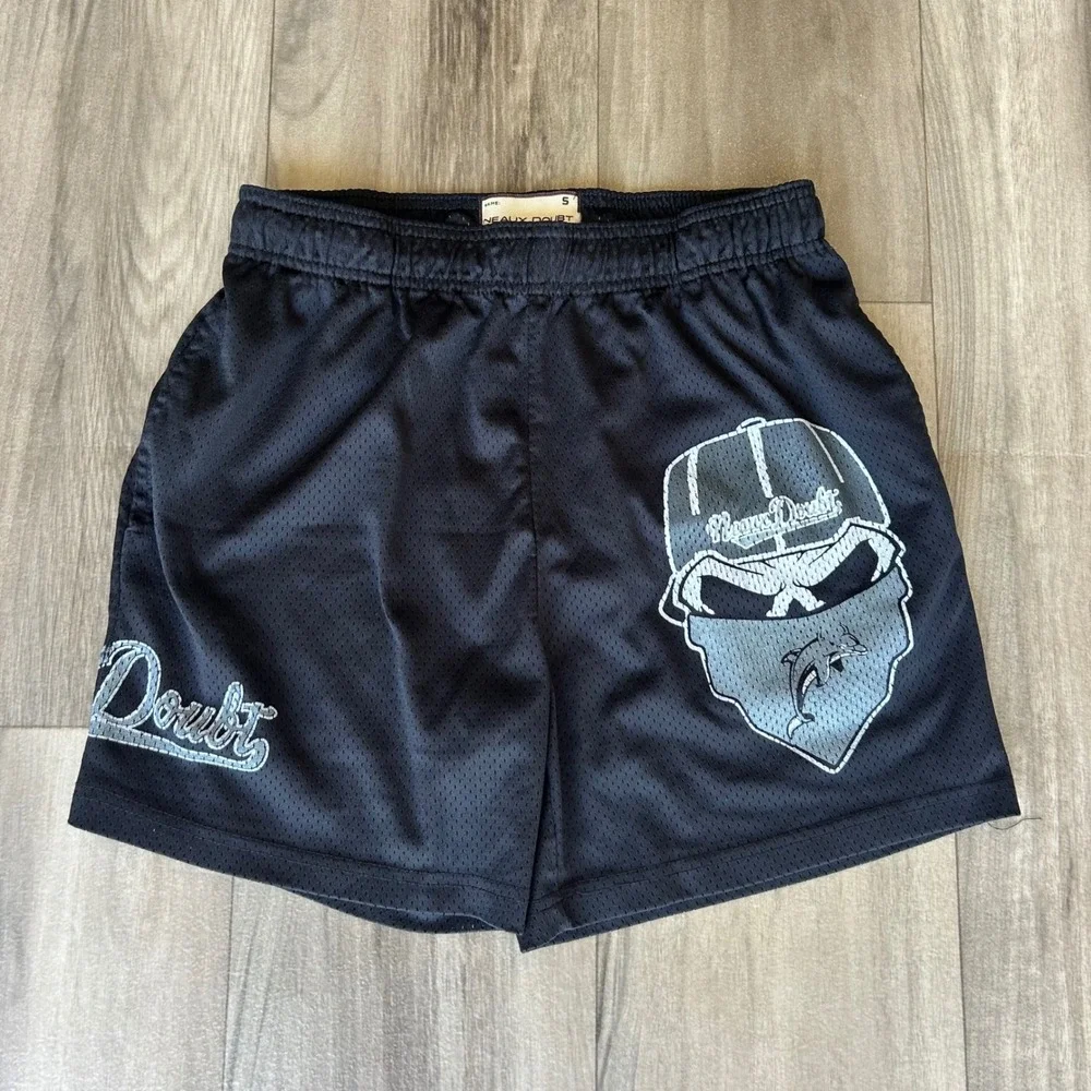 Neaux Doubt Mens Black Mesh Graphic Skull Dolphin Shorts Small Streetwear